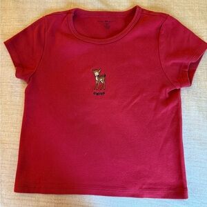 Brandy Melville Girls Short Sleeve Red T Shirt with Swiss Deer Embroidery.